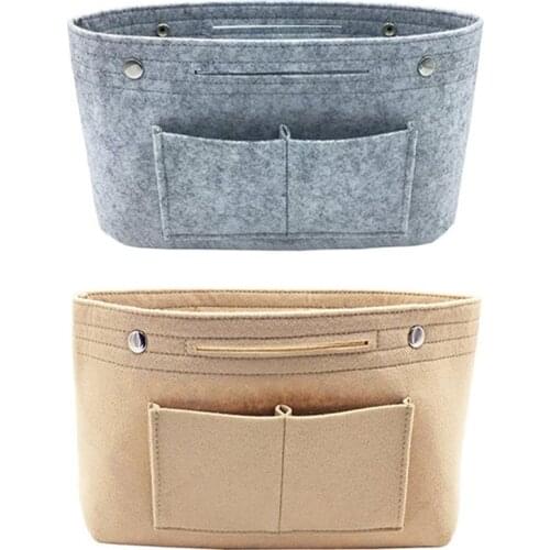 2x Beige/Gray Women Fashion Felt Cloth Inner Bag Fits in Insert Handbag Multi-Pockets Cosmetic Bags Storage