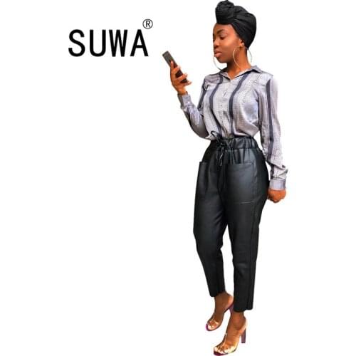 Women PU Faux Leather Drawstring Waist Black Autumn Winter Fashion Casual Sexy Long Leggings Pants Wholesale Plus Size Clothing