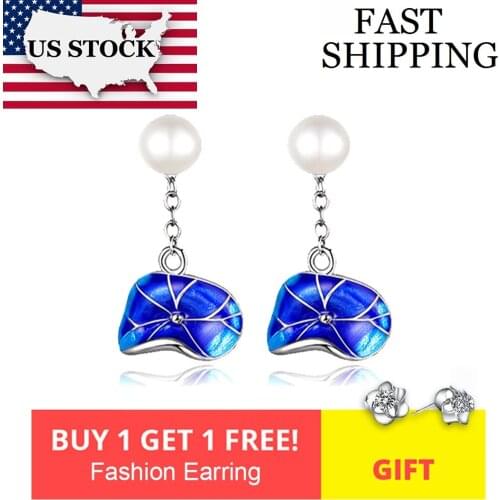 USA STOCK Uloveido Lotus Cloisonne Earrings for Women Silver Color Blue Simulated Pearl Earings Brincos Stud Earing 10% CQ252
