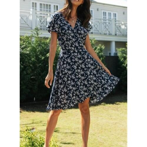 Happie Queens women Vacation floral print V-neck casual Bohemian mini dress Summer ladies short sleeve sashes dresses vestidos