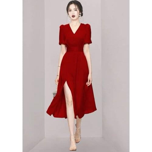 2021 Summer Retro Fashion Women Clothing Solid Temperament V Neck Short Sleeve Hight Waist Split A Line Midi Dress Female