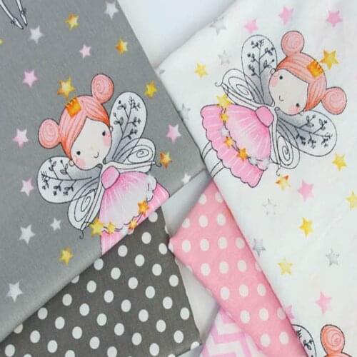 100% Cotton Fabric ViaPhil White Grey Angel Star & Wave Check Printed Cotton Fabric DIY Patchwork Textile Tissue Home Clothing