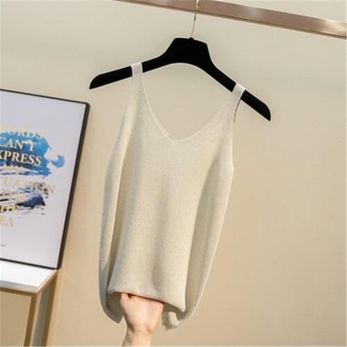 2020 Bright silk Suspenders Vest Female Summer bottoming Shirt ice silk Knitted Short Loose Korean V-neck Suit M374