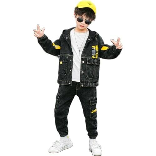 Spring & Autumn Cowboy Boy Sets New 2021 Korean Version Fashion Hooded Denim Two-Piece Suit Casual Patchwork Childrens Clothing
