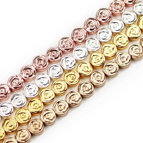 JHNBY Rose Flower Hematite 8mm 48pcs Gold Silvers Flat Round Natural Stone Spacer loose Beads For Jewelry Making Diy Bracelets