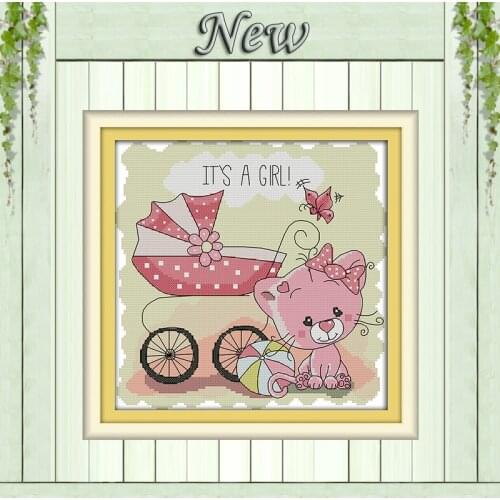 The cat and baby carriage cartoon painting Counted print on canvas 14CT 11CT chinese Cross Stitch Needlework kits Embroidery Set