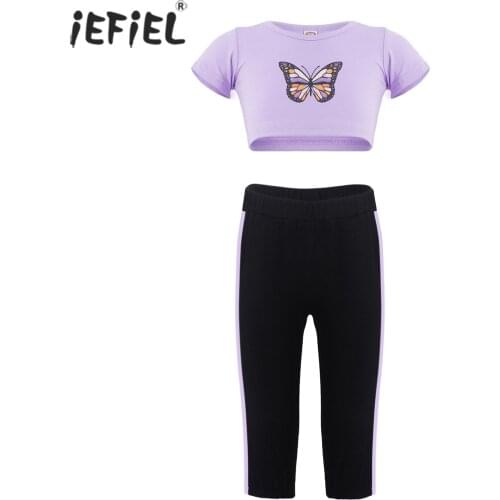 Baby Girls Clothing Set Butterfly Printed Casual Sport Suit Short Sleeve T-shirt Crop Top Pants Trousers 2Pcs Sportwear Outfits