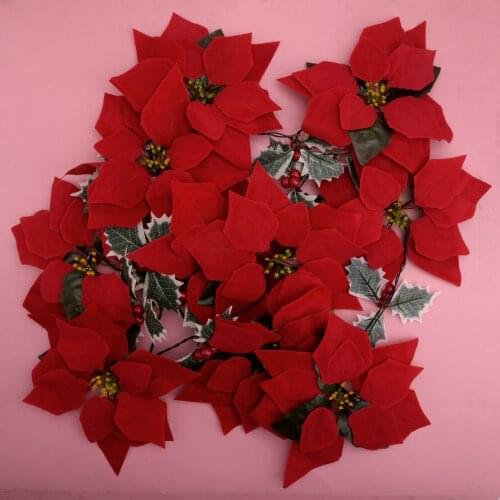 Red Christmas Artificial Poinsettia Garland String Lights For Garden Fireplace Door Decoration 10 LED AAA Battery Holidays Party
