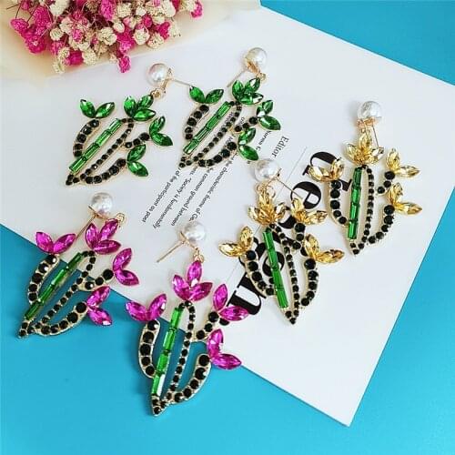 Colorful Rhinestone Arcylic Cactus Drop Earrings for Women 2020 New Alloy Pearl Plant Hanging Dangle Earrings Statement Jewelry