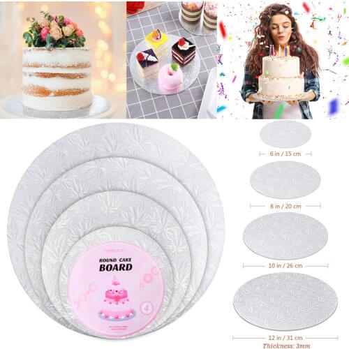 4PCS Round Cake Board Round Cake Circle Base With 3 Cake Scrapers Round Plate Board Turntable Silver Anti-Skid Circle Cardboard