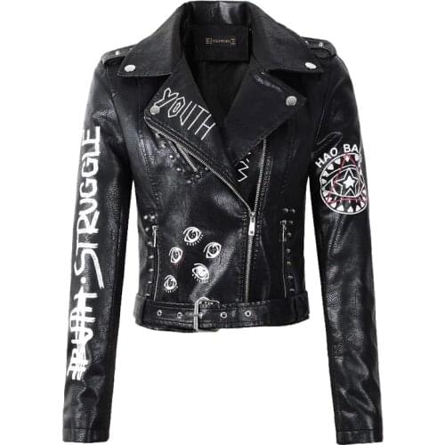 Spring Autumn Women Faux Soft Leather Jackets Coats Lady PU Rivet Zipper Epaulet Printed Motorcycle Streetwear Punk Outwear