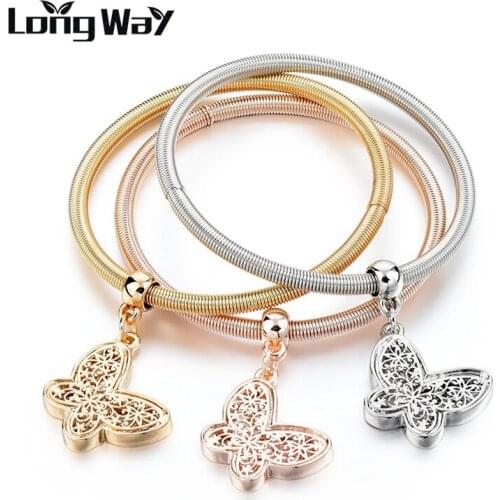 LongWay Handmade 3 PCS/Set Gold color Butterfly Charm Bracelets for Women Romantic Crystal Bracelet & Bangle Bijoux SBR170037