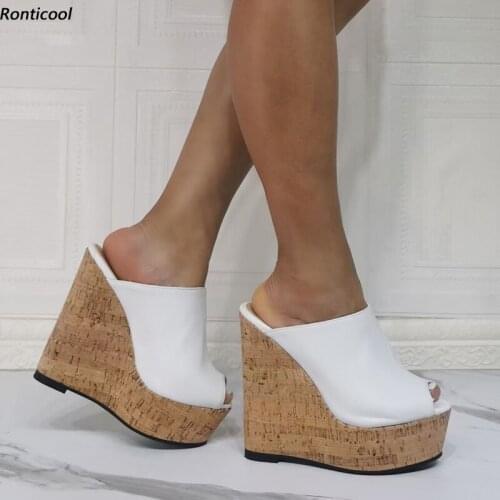 Ronticool Handmade Women Mules Sandals Slip On Comfortable Wedges High Heels Peep Toe Pure White Wedding Shoes Size 45 47 49 52