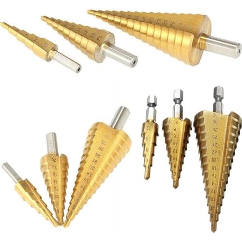 3Pcs Cone Shape High Speed Steel Hex Shank Straight Groove Step Drill Bits Set Titanium Coated Wood Metal Hole Cutter Opener
