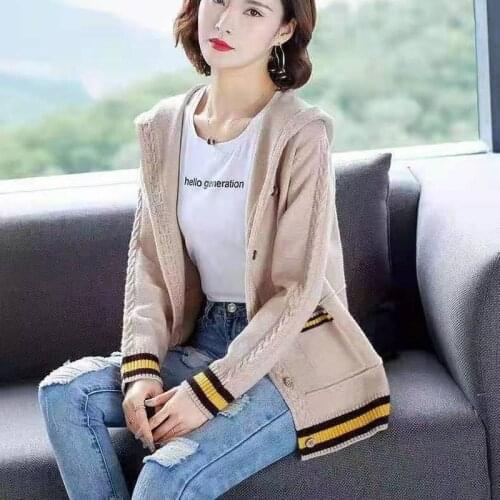 New knitted cardigan women autumn and winter 2021 long-sleeved pocket sweater jacket loose hooded Korean top all-match