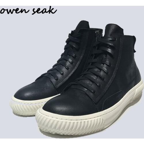 Owen Seak Men Shoes Genuine Leather High-TOP Men Ankle Luxury Trainers Winter Snow Boots Casual Lace-up Flats Sneaker Black