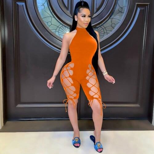 Casual Solid Sportswear Playsuit Women Summer Jumpsuit Sexy Halter Sleeveless Slit Bandage Bodycon Body Jumpsuit Women Overalls