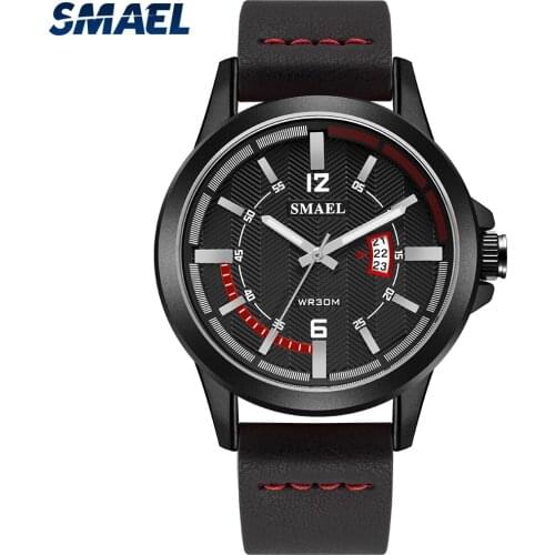 SMAEL 2021 New Fashion Men Watch 44mm Dial Waterproof Leather Top Brand Strap Casual Sport Watch For Men relogio masculino 9111