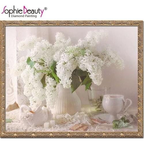 Sophie Beauty Diy Diamond Painting Cross Stitch Round Needlework Embroidery White Flower Vase Square Handcraft Mosaic Arts Kits