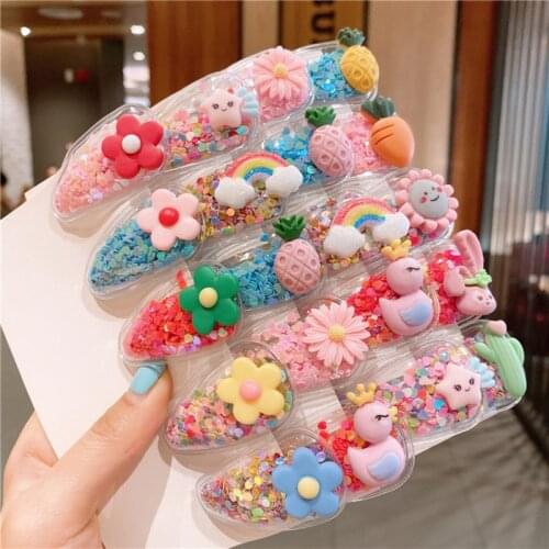 10Pcs/Set Cute Fruit Quicksand Snap BB Clips Girl Colorful Rainbow Animal Hairpins Kids Hair Grip Side Barrettes School Headwear