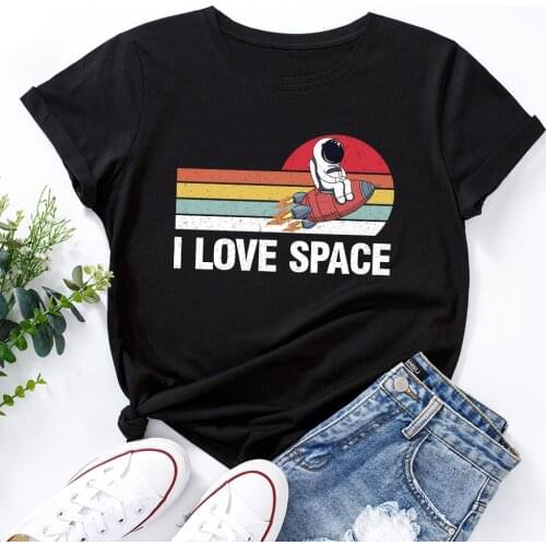I Love Space Astronaut Graphic Tees for Women 100%Cotton Short Sleeve Tops Casual Woman T-Shirts Female Shirt Summer Clothes