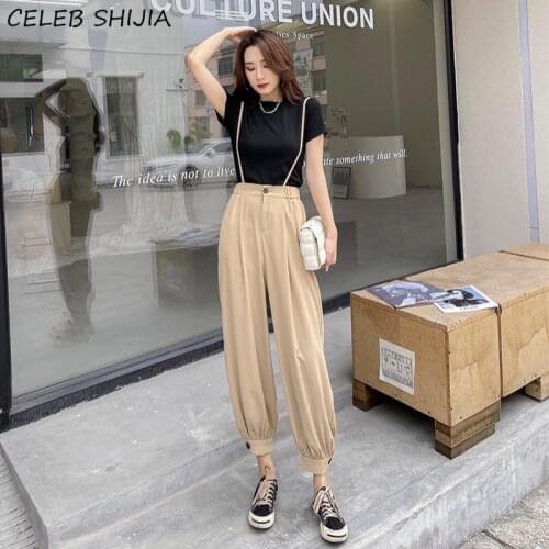 Chic Korean Khaki Overalls Woman Pants High Waist Loose Ankle-length Harem Pants Woman Bottom Summer Streetwear Strap Trousers