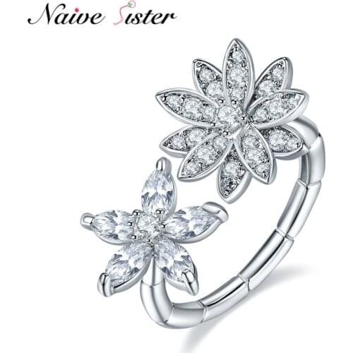 Luxury Fashion Rhodium Plated Flower Cubic Zircon Adjustable Ring Myosotis Sparkling Open Rings For Women Ladies Wedding Band
