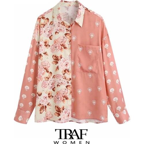 TRAF Za Women Fashion Patchwork Floral Print Loose Blouses Vintage Long Sleeve Button-up Female Shirts Chic Tops