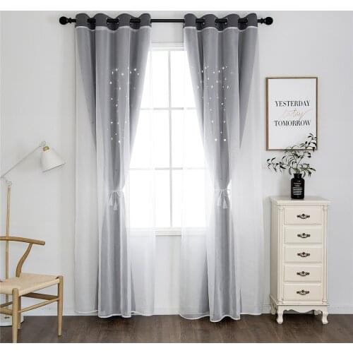 Baby Star Curtains for Bedroom Living Double Layer Tulle Hollow + Blackout Curtains for Kids Girls Room Gray Cortina Drape