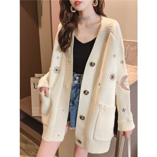 H.SA 2021 Women Winter Sweater Knitting Cardigans V Neck Stars Moon Embroidery Long Sweater Jacket Pink Christmas Cardigans