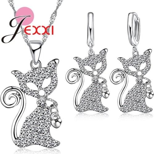 Famous Design Fox Cute Animal 925 Sterling Silver Crystal fox pendant Necklace Earring Sets ELEMENTS for girl friend gift