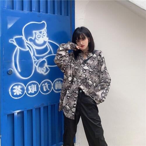 Korea Harajuku style streetwear snake print loose long sleeve suit collar shirt