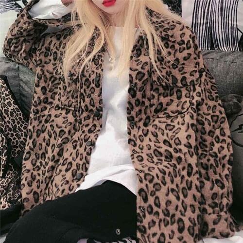 Retro Shirt Jacket Streetwear Harajuku Leopard Print Long-Sleeved Woolen Womens Outer Jacket Autumn and Winter Top