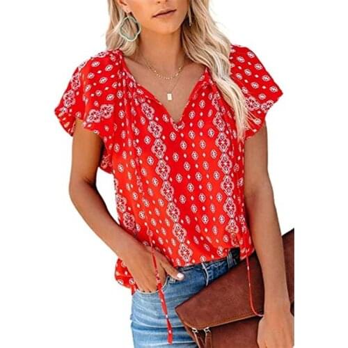 Summer Printed Short Sleeve Shirt Women Clothes Sexy V-neck Casual Tops And Blouses Loose Plus Size Pullover Blouse Ladies