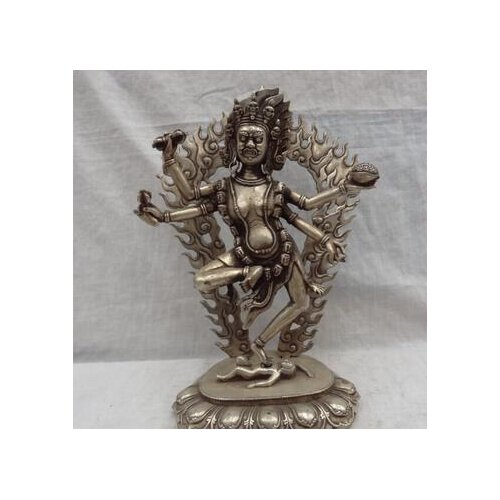 Decoration copper silver factory 13" Chinese Silver Buddhism Vajra Joss Bronze 4 Arms Vajrapani Buddha Statue