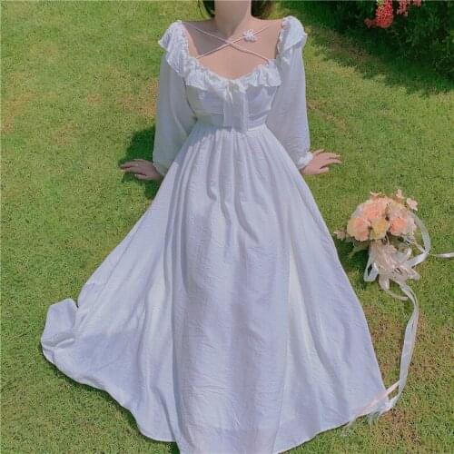 Sweet Long White Fairy Dress Women Elegant Square Collar Princess Dress Japanese Cross Butterfly Bow Feminine Dress Vestidos Ins