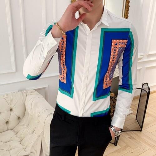 Nineteen Summer New Fast-selling Blue Block Blouse Men Hawaiian Net Red Long-sleeved Shirt 2129-P55