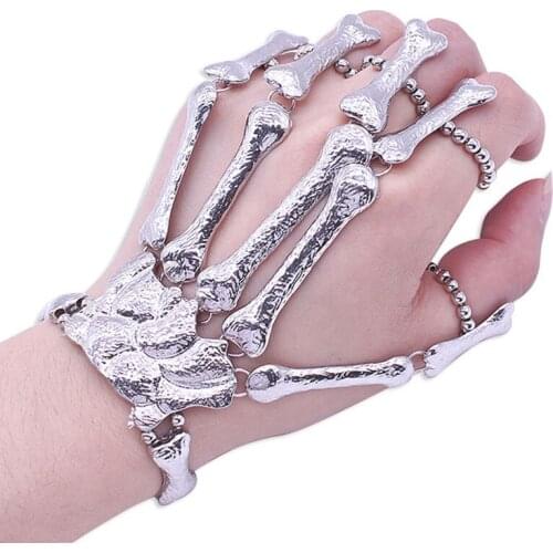 Men Womens Halloween Skull Skeleton Hand Bracelet with Ring Gothic Halloween Fashion Women Hand Chain Bracelet Birthday Gifts