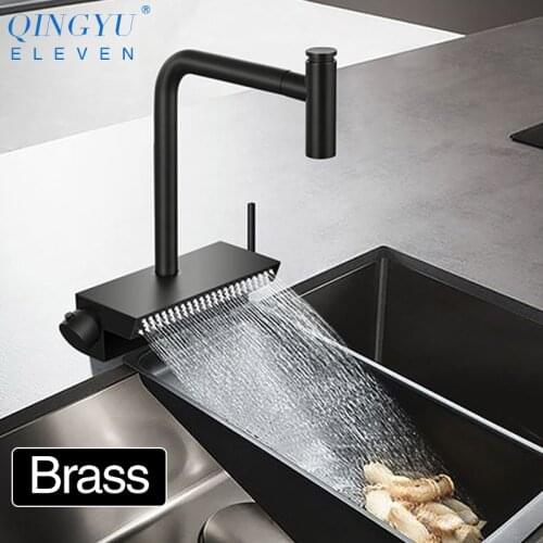 New Black Waterfall Faucet Hot And Cold Water Kitchen Sink Faucet Dual Holder Switch Pull Out 360 Degree Kitchen Mixer Tap