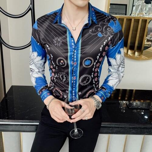 Fall 2019 Slim Long Sleeve Shirt Mens Flower Shirt Sun God Printed 2313 Black and White-P55