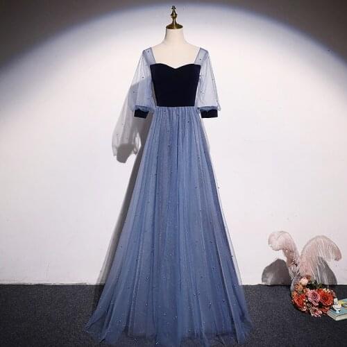 Evening Dress Pearls Backless A-Line Elegant Empire Half Sleeves Strapless Tulle Floor-Length Party Formal Dresses Woman B1065