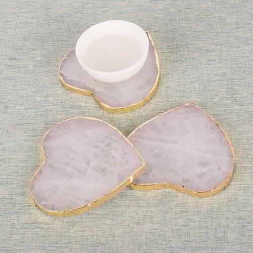 Heart Shape slice Gems Craft Pad Rock Quartz Natural Stone Electroplated gold Edge Crystal Coaster Cup Beverage Holder Mat decor