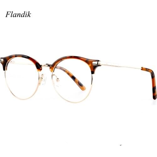 Half- Rim Metal Round Light Glasses Frame Women Retro Acetate Optical Myopia Reading Glasses Lady Luxury Brand Anti-Blue Frame