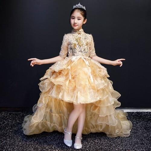 Luxury Gold Long Trailing Layers Detachable Modis Flower Girl Gown Kids First Holy Communion Pageant Birthday Show Party Dress