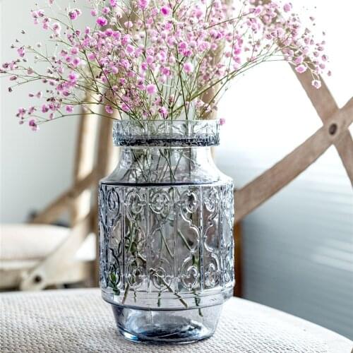 Open Embossed Glass Vase European-style Retro Living Room Desktop Dining Table Flower Glass Bottle Water Plant Flower Dryer