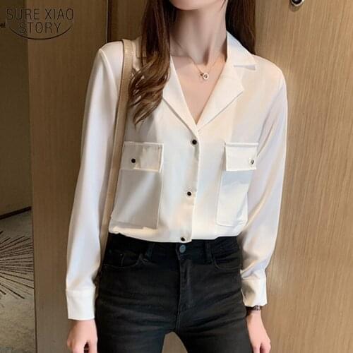 2021 Korean All-match V Neck Large Pocket Long Sleeve Chiffon Blouse New Style Autumn and Winter Fashion Women Shirts 10492