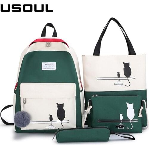 USOUL 4Pcs/Set Panelled Student Backpack Womens Cat Pattern Canvas School Bag For Girls Patchwork Backpacks Female Shoulder Bags