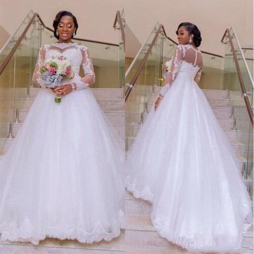 African Plus Size Wedding Dresses With Sleeves 2021 Modest Sheer Appliqued Tulle A Line Bridal Gowns Handmade Cheap Custom Made