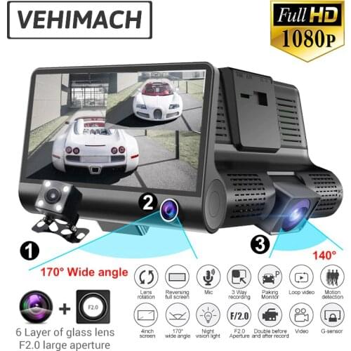 FHD 1080P Dash Cam 3 Lens Camera 4 Inch Car DVR Dashcam Dual Lens Simultaneous Recording Auto Video Recorder 24H Parking Monitor