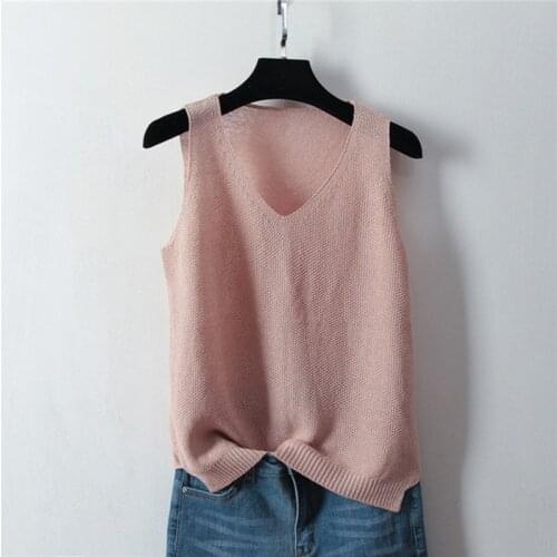 2020 Summer Sleeveless Knit Sexy Tank Women Rib Vest Ice Silk Female Elasticity Casual Loose Thin Camisole V Neck Split Tops